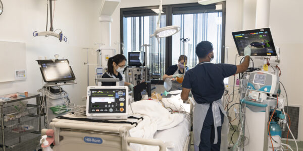 Pictured (L-R): Jhoana Tungol, Critical Care Nurse; Christine Hiou, Equipment Nurse; and Arsudeep Singh, Critical Care Nurse. Mock simulation at Intensive Care Unit, Victorian Heart Hospital (VHH).Copyright Monash Health. Not for use without prior written permission.